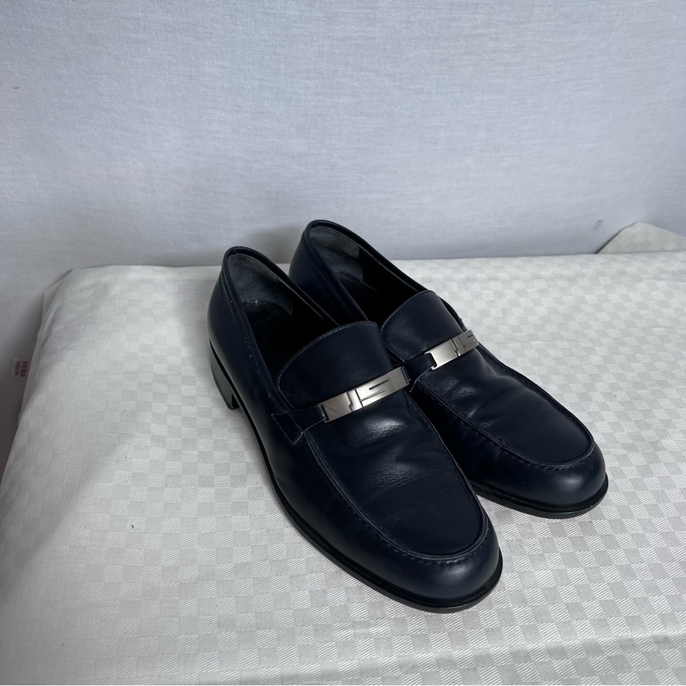 Jil Sander Navy Leather Loafers with Silver Accent